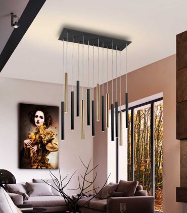 Lámpara LED de diseño Colección VARAS 14 Luces Negro/Oro Dimable