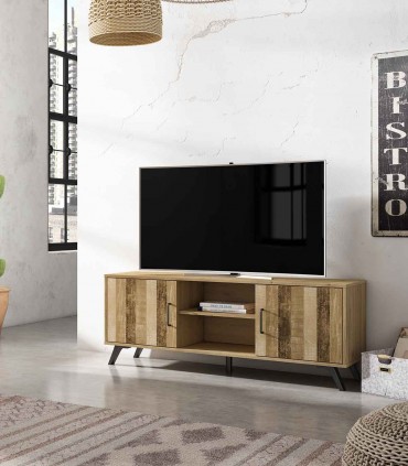 Mueble tv salón vintage cajón y estante madera maciza natural