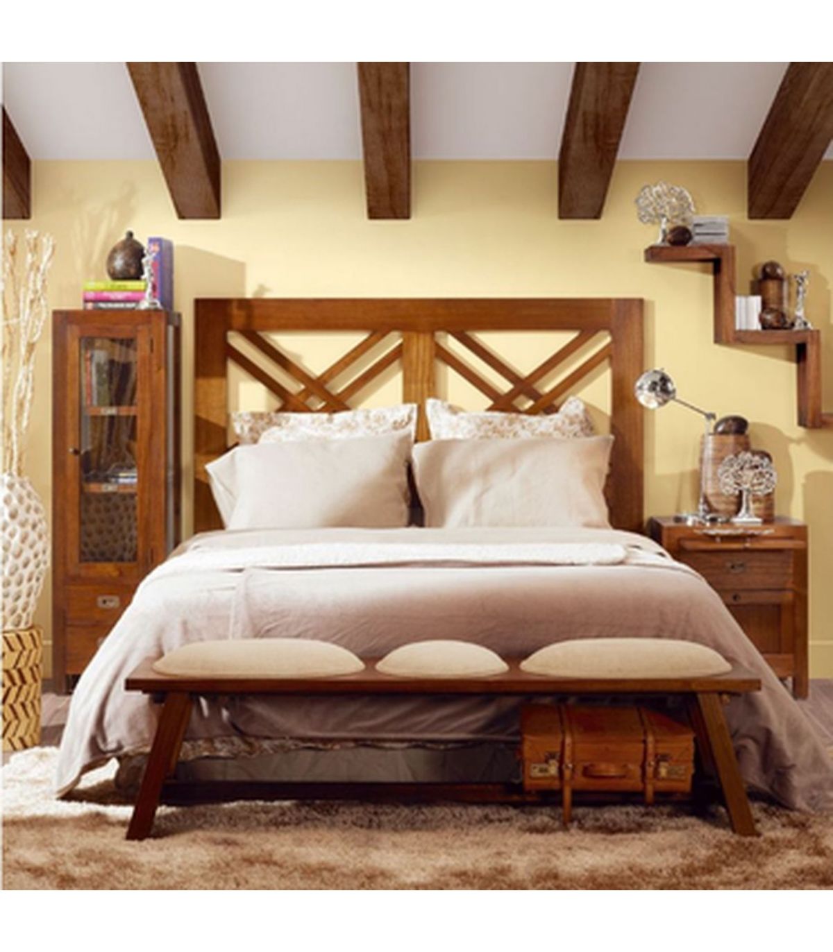 Cabecero cama matrimonio 135 madera pino rústico blanco lavado