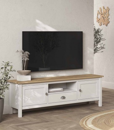 mueble tv roble blanco estilo colonial de tres cajones de Motivo
